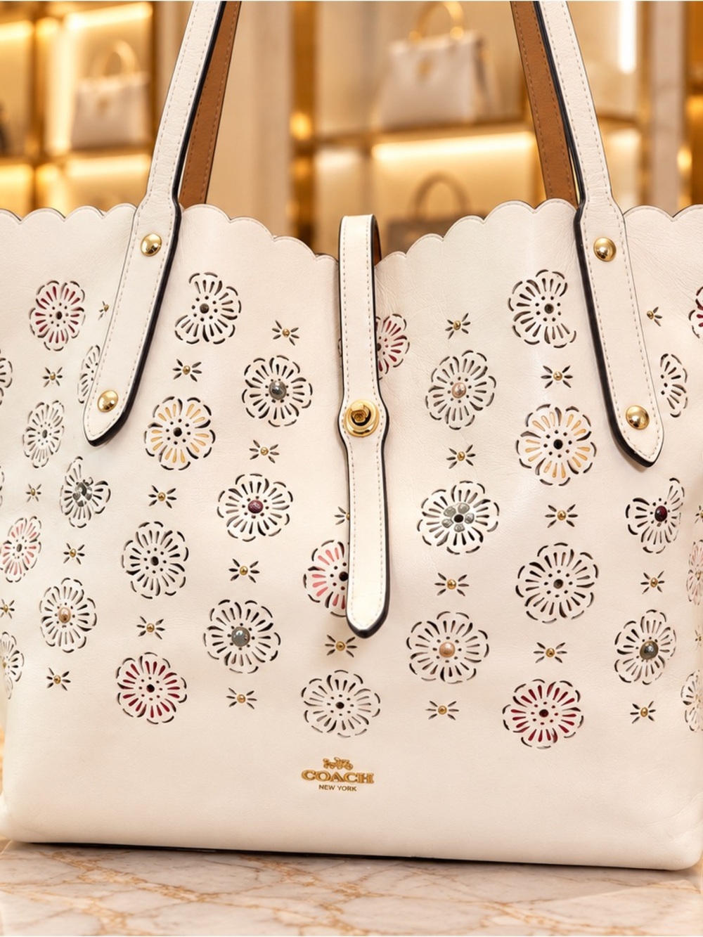 Coach Cream Laser-Cut Floral Scalloped Tote with Gold Hardware